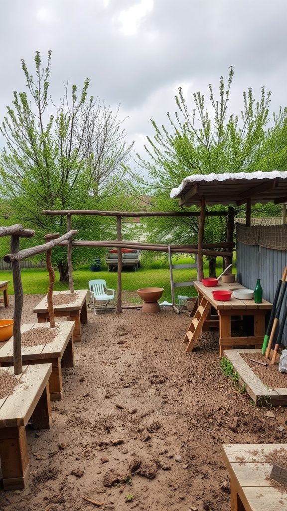 A mud kitchen setup for kids with wooden tables and benches under a shelter, surrounded by greenery and a cloudy sky.