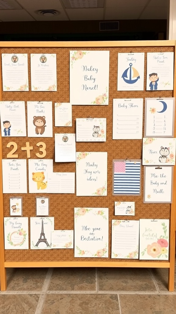 A corkboard displaying various baby shower ideas including themes, notes, and playful animal illustrations.