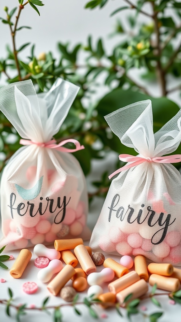Two mesh bags filled with colorful candies, one labeled 'feriry' and the other 'fariry'.