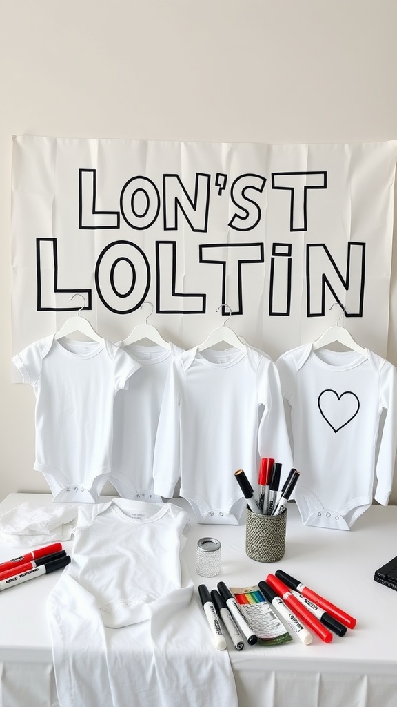 A baby onesie decorating station with white onesies, colorful markers, and a playful banner.