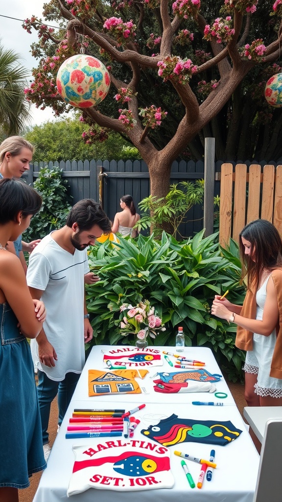 Guests enjoying a onesie decorating station at a baby shower, with colorful markers and plain onesies on a table surrounded by greenery.