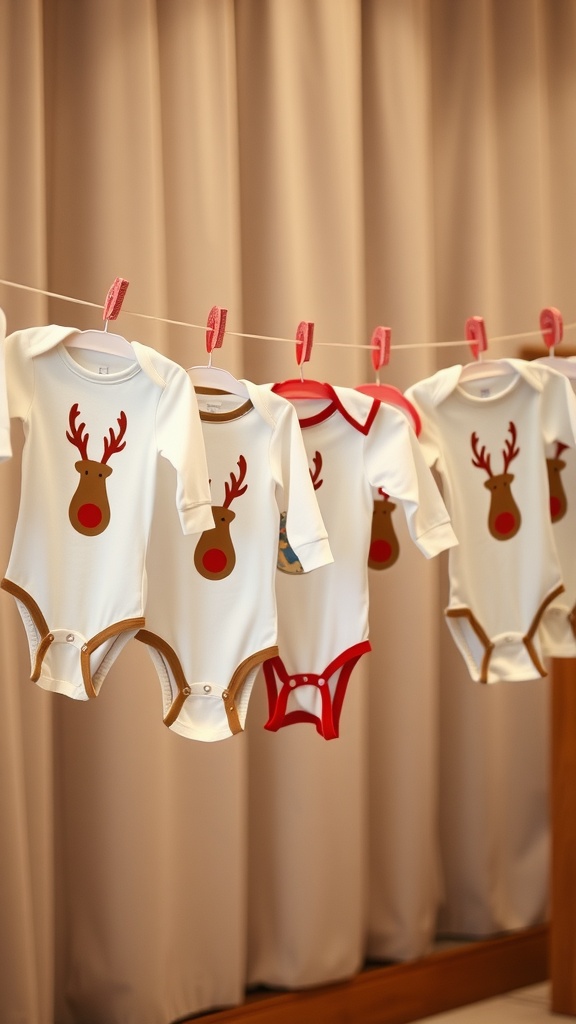 A collection of adorable reindeer onesies hanging on a clothesline.
