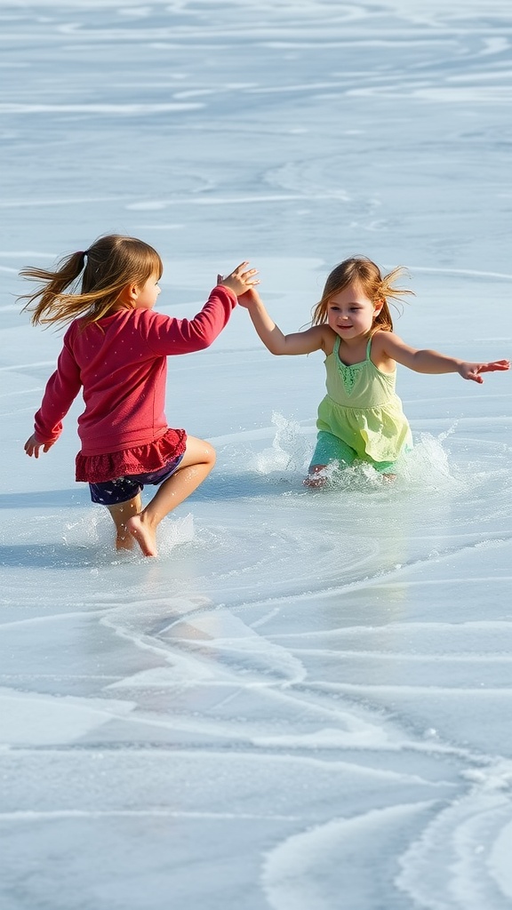 Two children playing in shallow water, laughing and holding hands during Aquatic Freeze Dance.