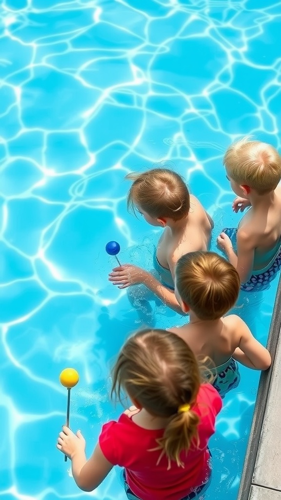 Kids participating in an aquatic scavenger hunt in a pool.