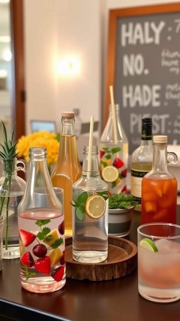 A stylish artisan beverage bar featuring colorful infused drinks with fruits and herbs.