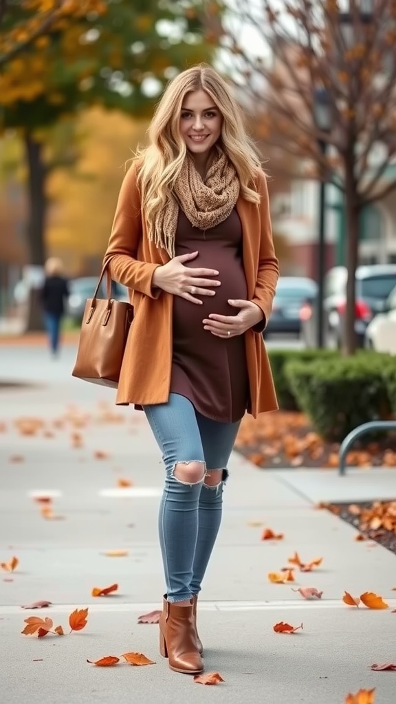 Pregnant woman smiling in autumn outfit with brown cardigan and blue jeans, surrounded by fallen leaves.