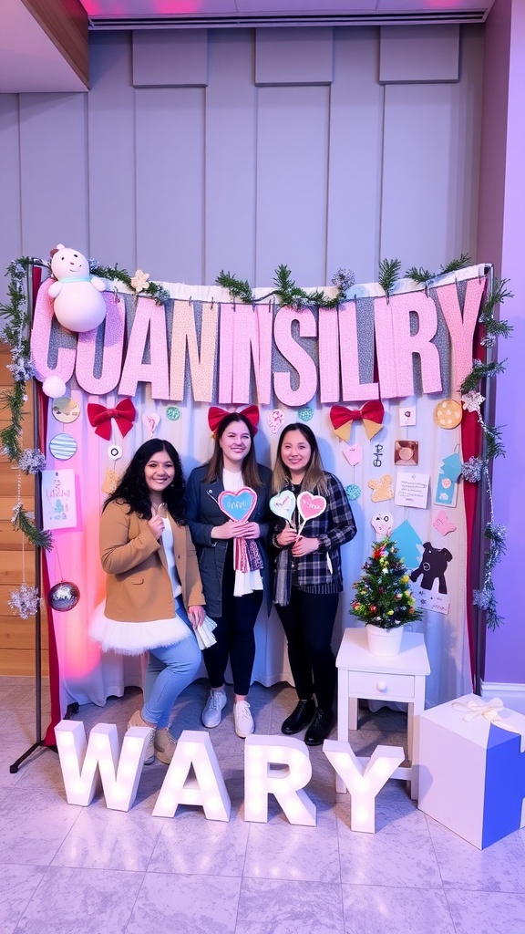 Group of friends posing at a decorated photo booth for a baby shower.