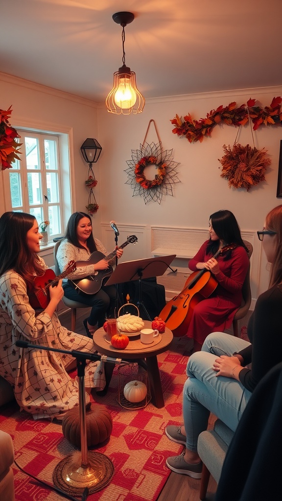 A cozy gathering with friends playing musical instruments at a baby shower.