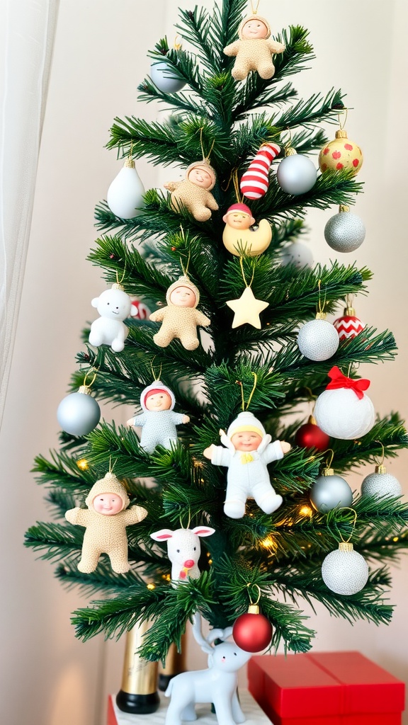A small Christmas tree decorated with baby-themed ornaments, including soft figures and colorful baubles.