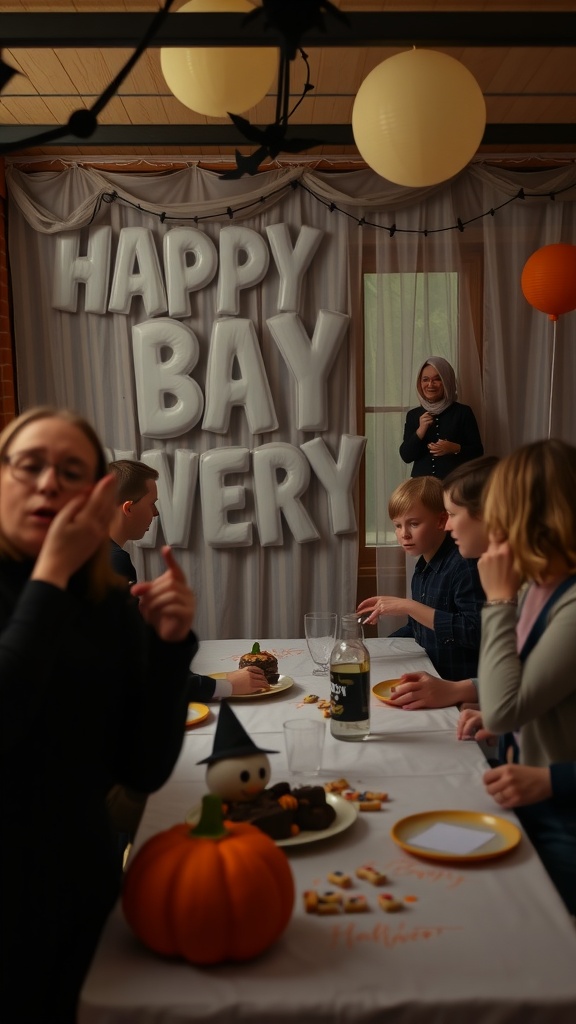 A spooky-themed baby shower with guests enjoying treats at a decorated table, featuring a backdrop that says 'HAPPY BAY EVERY' with festive balloons.