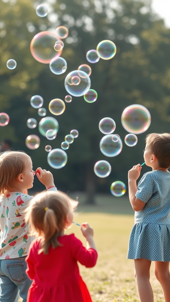 Children participating in a bubble blowing contest, smiles on their faces as they blow bubbles into the air.