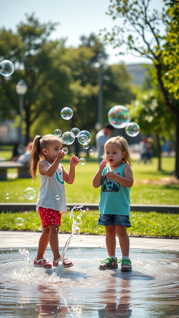 Two children playing with bubbles in a sunny park, surrounded by water jets.