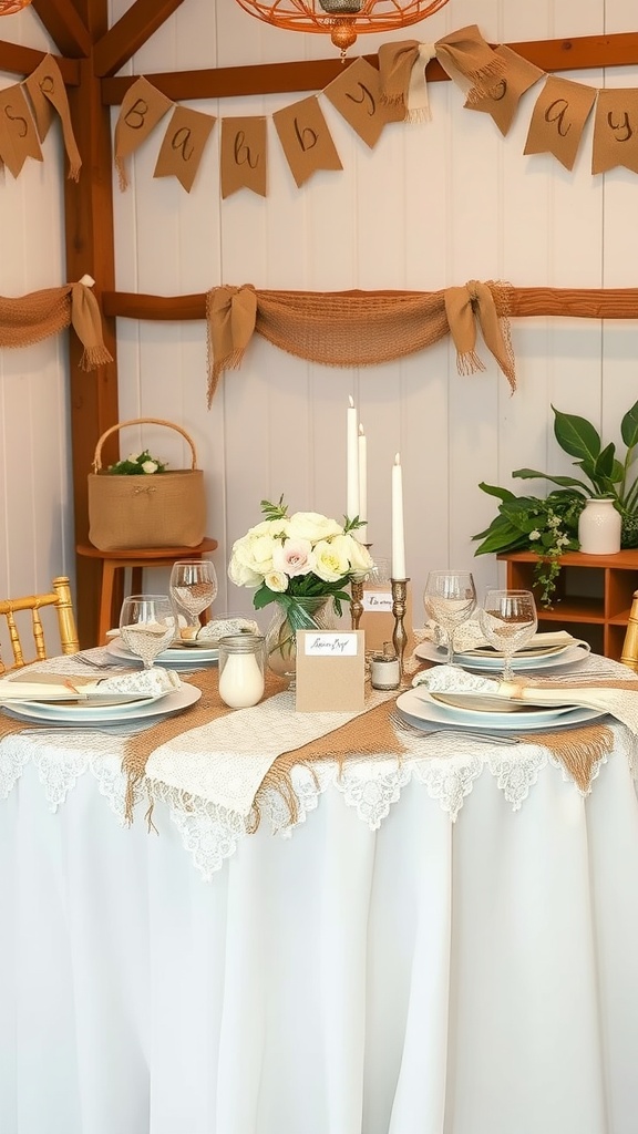 A table decorated with burlap and lace for a baby shower, featuring a floral centerpiece and elegant tableware.