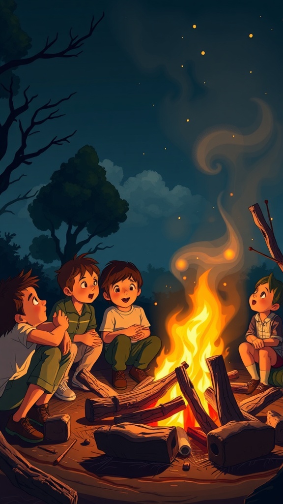 Children sitting around a campfire, sharing stories and enjoying the warmth of the fire.