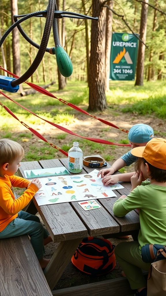 Three children playing Bingo at a picnic table, surrounded by nature.