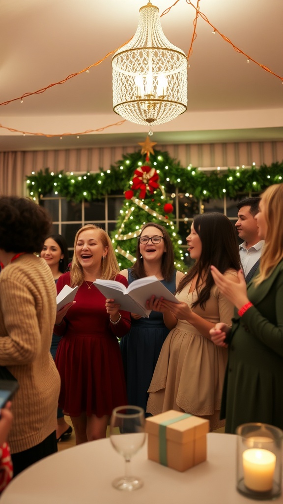 A group of people joyfully singing carols at a Christmas baby shower, surrounded by festive decorations and a glowing Christmas tree.