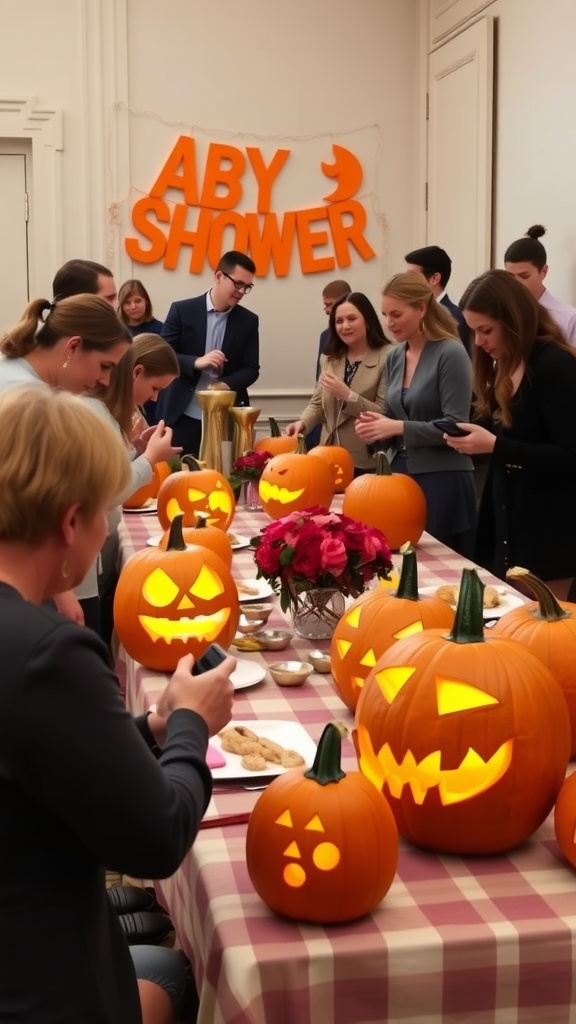Guests enjoying a pumpkin carving contest at a baby shower, with carved pumpkins and snacks on the table.