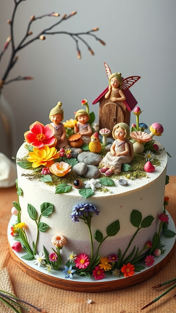 A beautifully decorated cake featuring fairy figurines, colorful flowers, and greenery, perfect for a baby shower celebration.