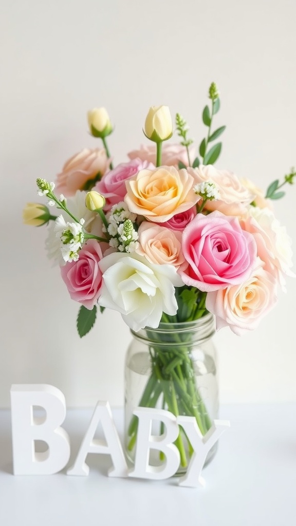 A charming bouquet of roses in shades of pink, peach, and white in a glass jar with white letters spelling 'BABY' next to it.