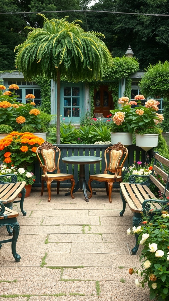 Charming garden seating arrangement with flowers and greenery