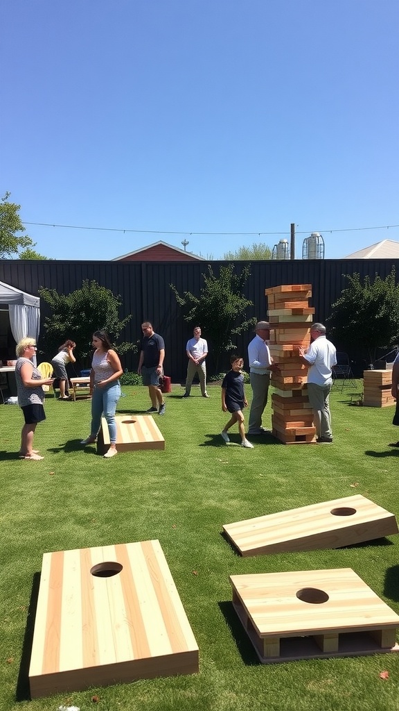Outdoor games setup with guests playing cornhole and giant Jenga in a garden.