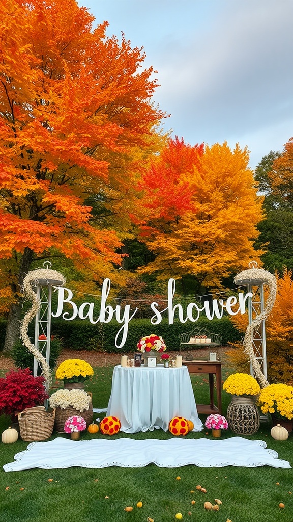 Outdoor baby shower setup with vibrant autumn trees and decorations.