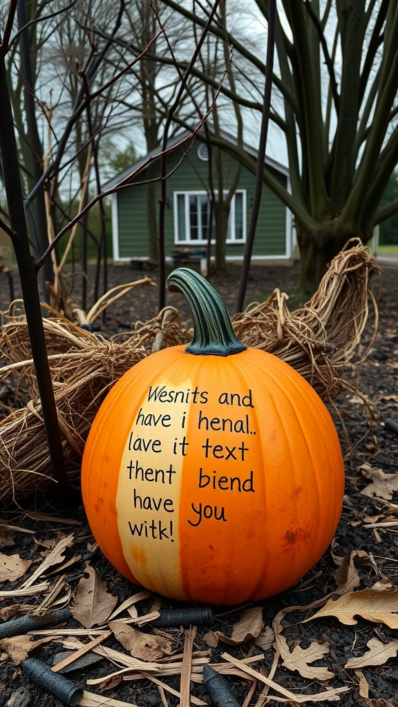 A carved orange pumpkin with whimsical text, surrounded by dry leaves and trees.