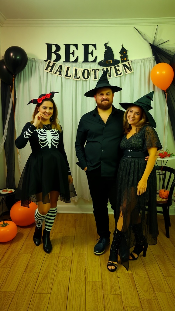 Parents-to-be in Halloween costumes at a spooky baby shower