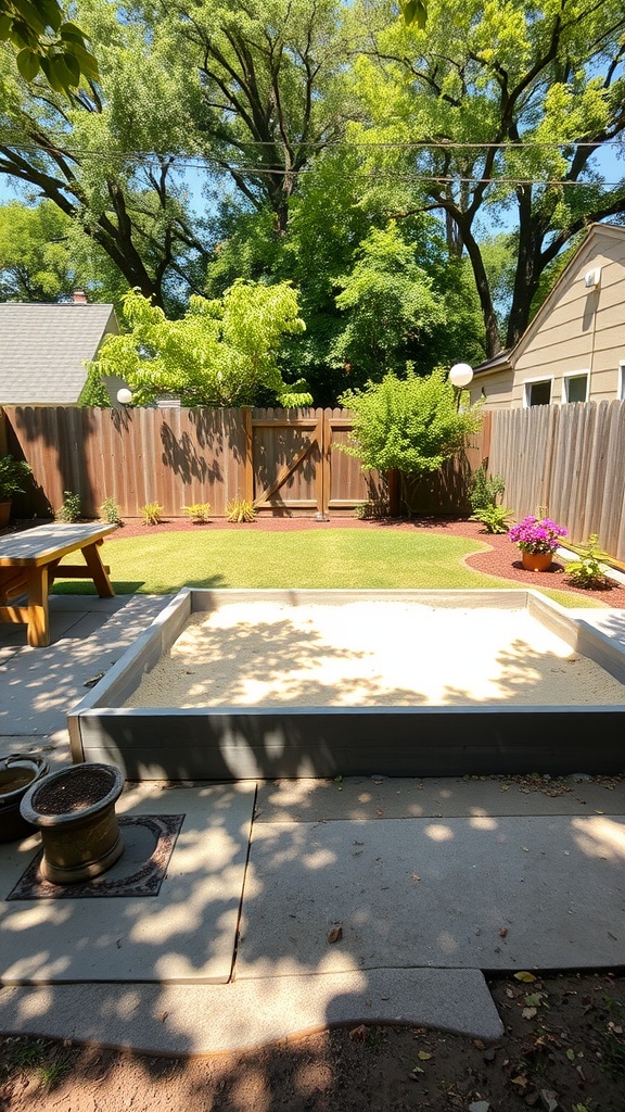 A backyard with a sandbox surrounded by greenery and a cozy atmosphere.