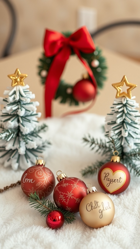 A festive display of Christmas ornaments with names, tiny trees, and a wreath.