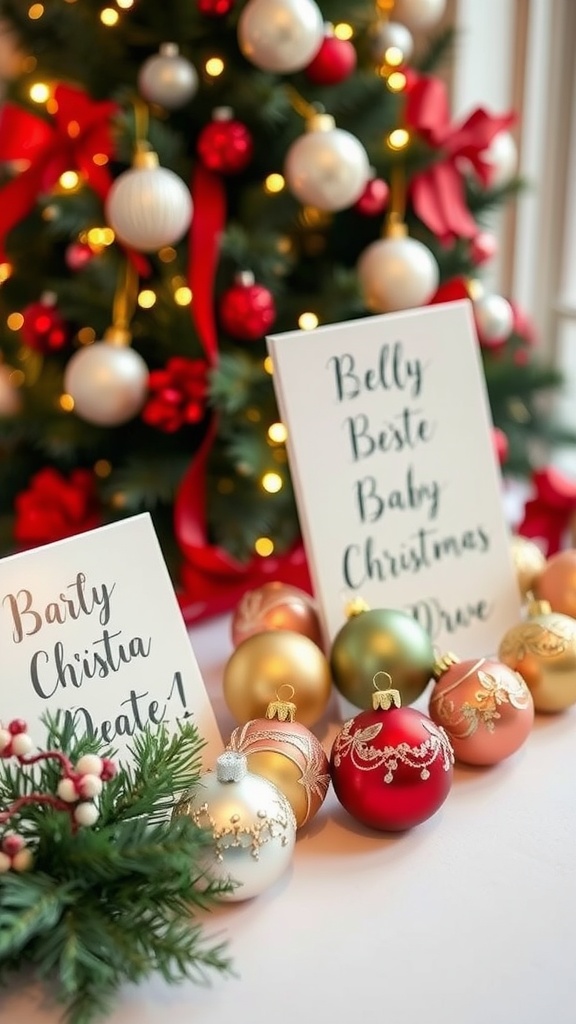 A table decorated for a baby shower with Christmas ornaments and guest book signs.