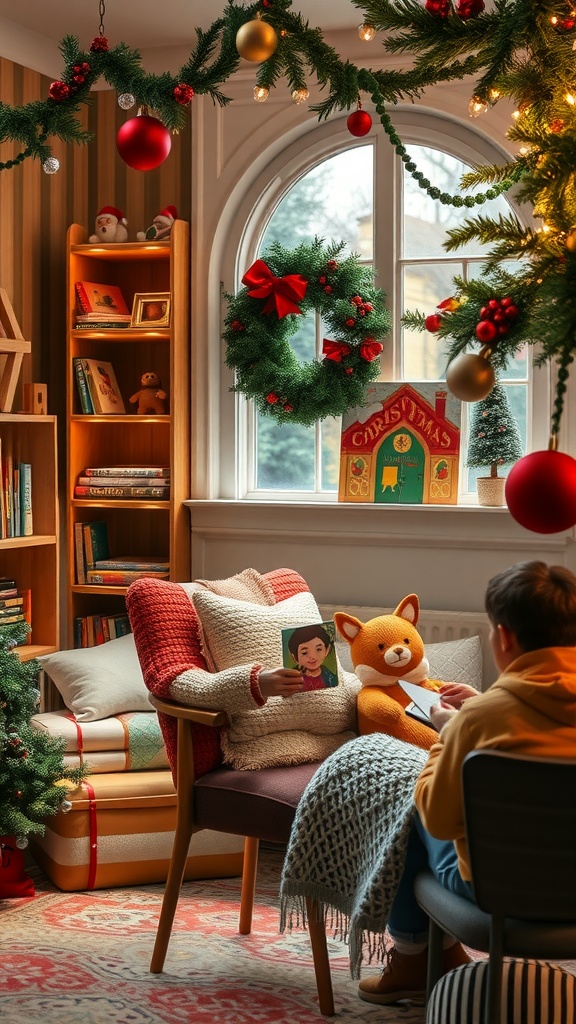 A cozy Christmas-themed reading corner with a child seated, holding a book, surrounded by festive decorations.