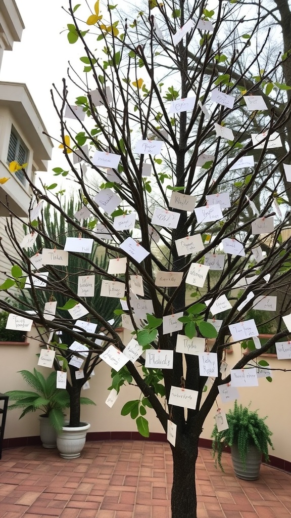 A Christmas Wish Tree decorated with white tags for guests to write their wishes.