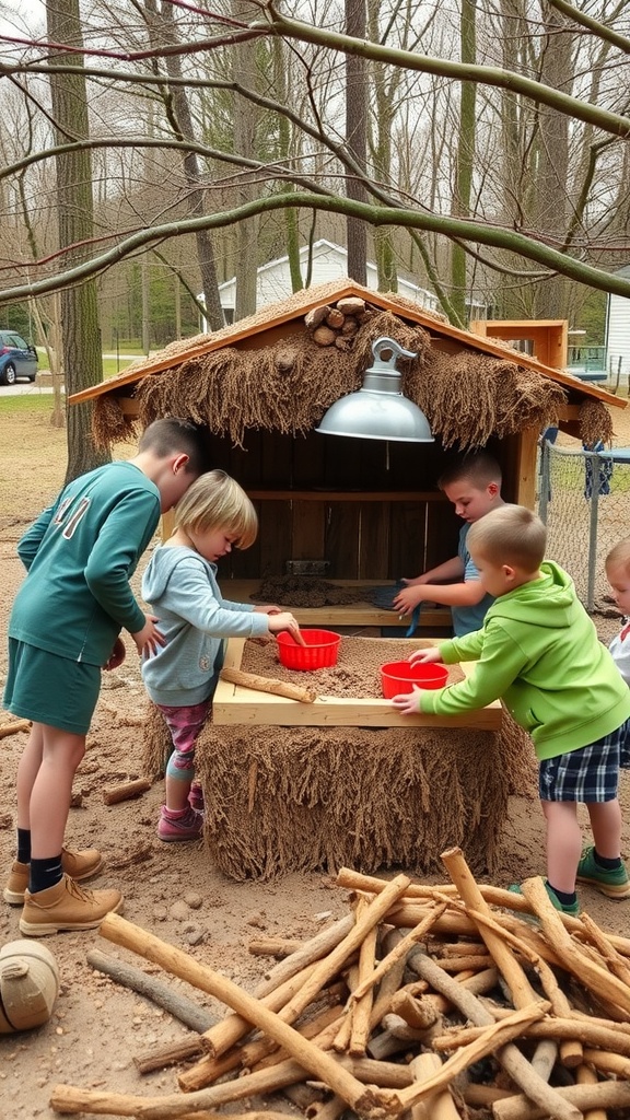 Children playing at a mud kitchen, collaborating with red buckets and surrounding nature.