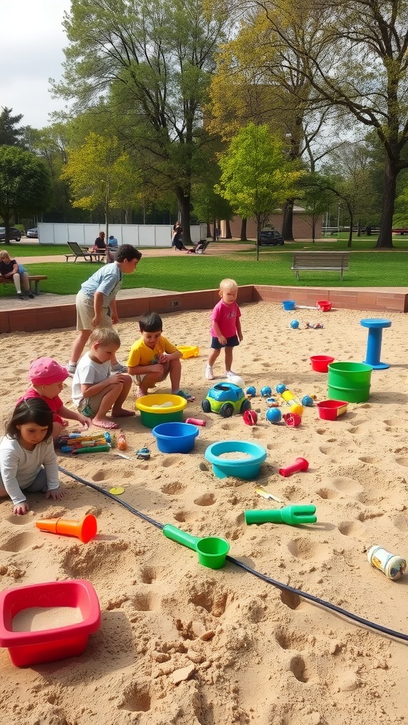 Children playing in a community sandbox filled with colorful toys.