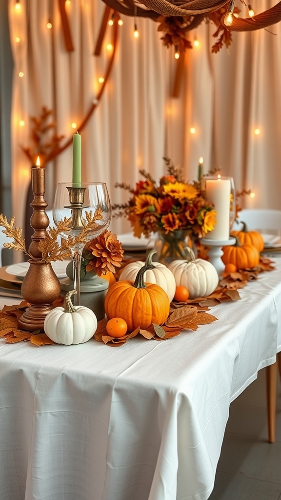 Cozy fall decor featuring a table set with mini pumpkins, autumn leaves, sunflowers, and candles.
