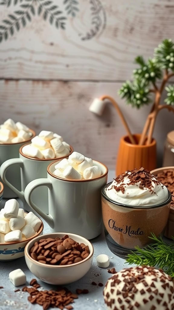 A cozy hot cocoa bar with mugs of hot chocolate topped with marshmallows and chocolate shavings, surrounded by bowls of toppings and festive decorations.