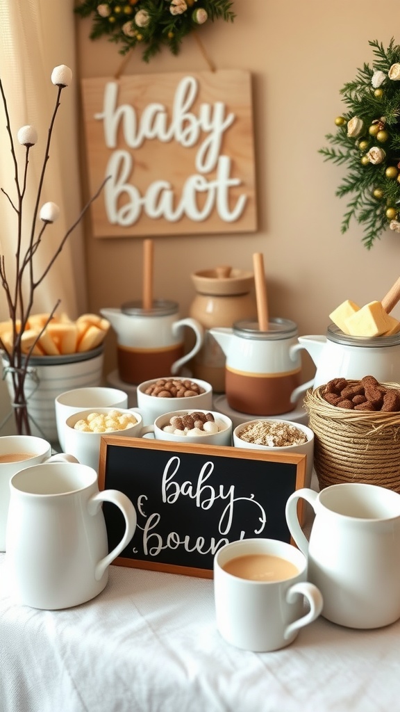 A cozy hot cocoa bar at a baby shower featuring mugs, toppings, and a decorative wooden sign.