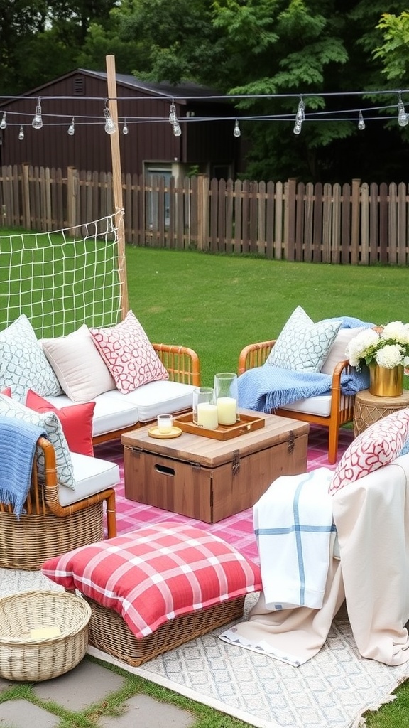 Cozy seating arrangement for a backyard baby shower with cushions, blankets, and string lights.