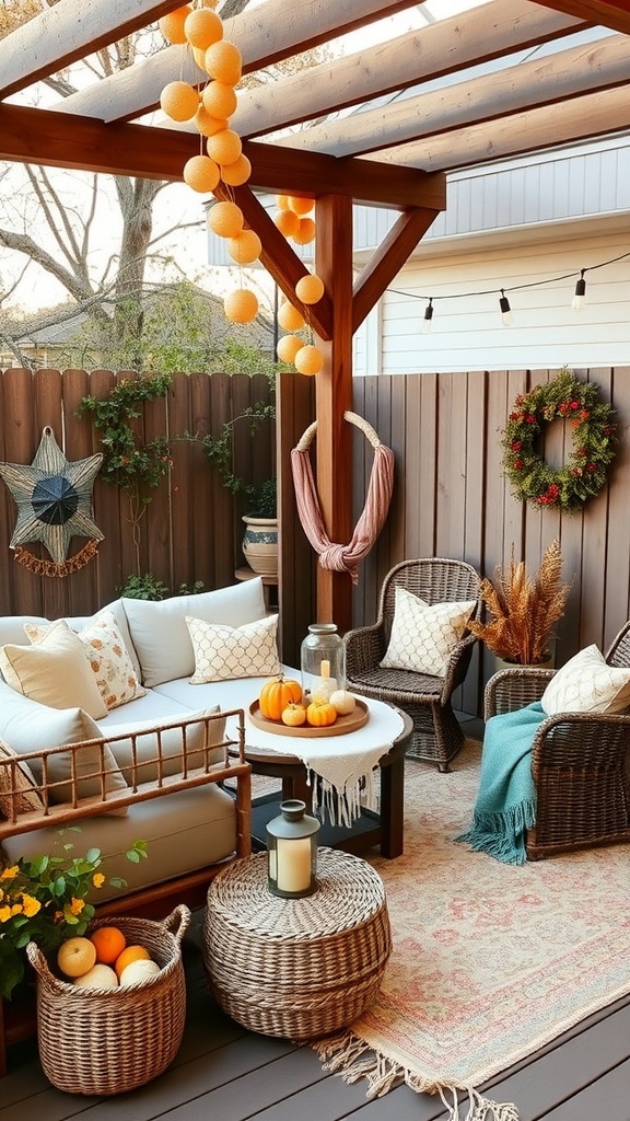 A cozy outdoor seating arrangement with cushions, pumpkins, and decorative elements.