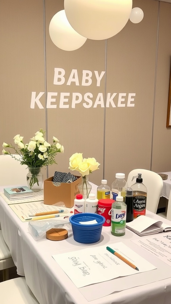 A craft station for a baby shower with supplies for making keepsakes, featuring a sign that says 'BABY KEEPSAKE', flowers, and various art materials.
