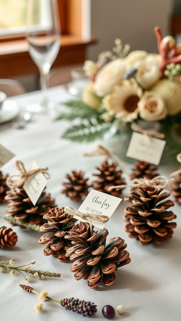 Pine cone favors with personalized tags arranged on a table with dried flowers