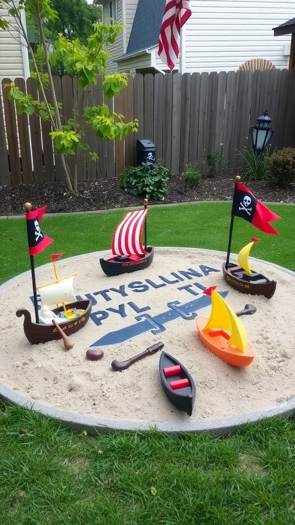 Themed sandbox with colorful toy boats and pirate flags, set in a sandy area.