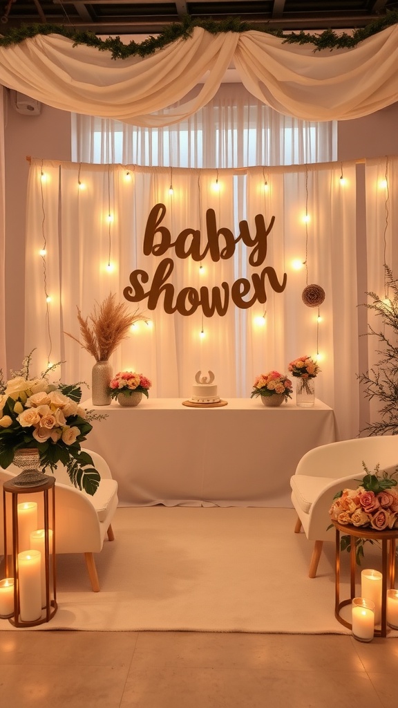 Decorative setup for a baby shower featuring soft lighting, flowers, and a cake on a table.