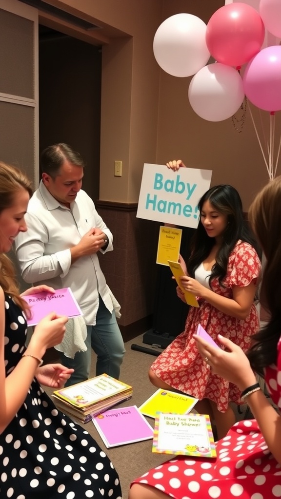 Group of people playing a baby shower game called 'Baby Names' with colorful cards and balloons.