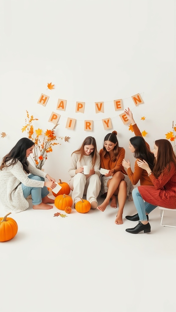 A group of friends enjoying a cozy autumn baby shower with pumpkins and festive decorations.