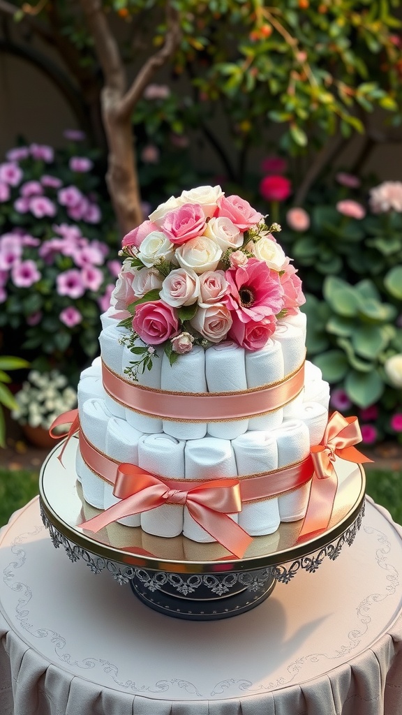 A three-tiered diaper cake decorated with flowers and ribbons, set in a garden.