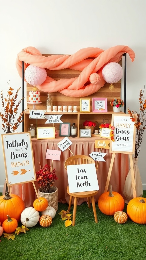 A decorated photo booth for a baby shower with pumpkins, signs, and lanterns.