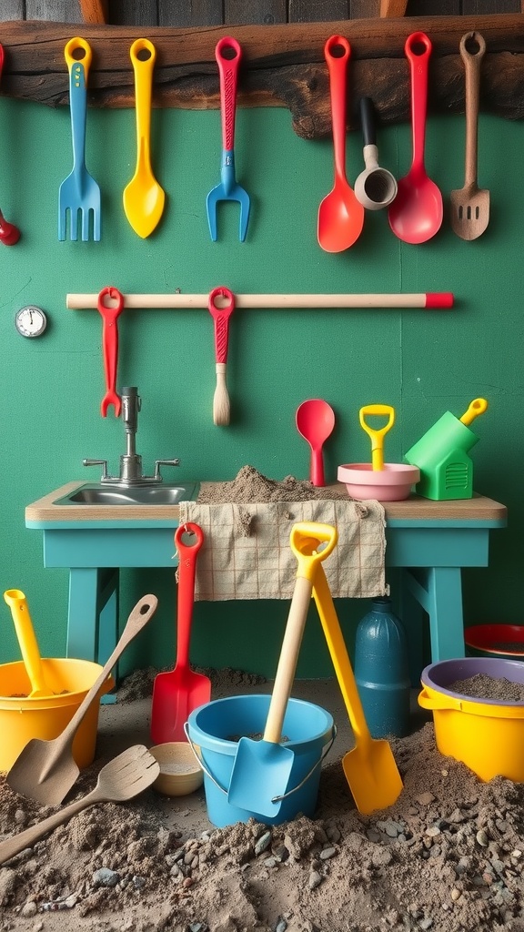 Colorful mud kitchen accessories including shovels, buckets, and spoons arranged neatly for kids to play.