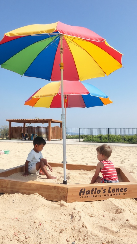 Children playing in a sandbox shaded by colorful umbrellas.